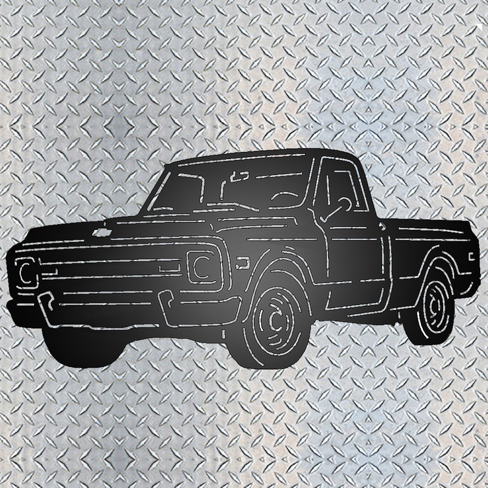 Truck Silhouette 1970 Chevy C10 Pickup Black on metal diamond plate background