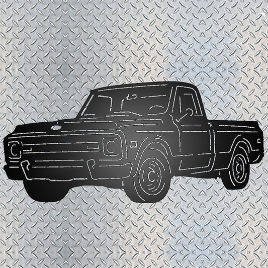 Truck Silhouette 1970 Chevy C10 Pickup Black on metal diamond plate background