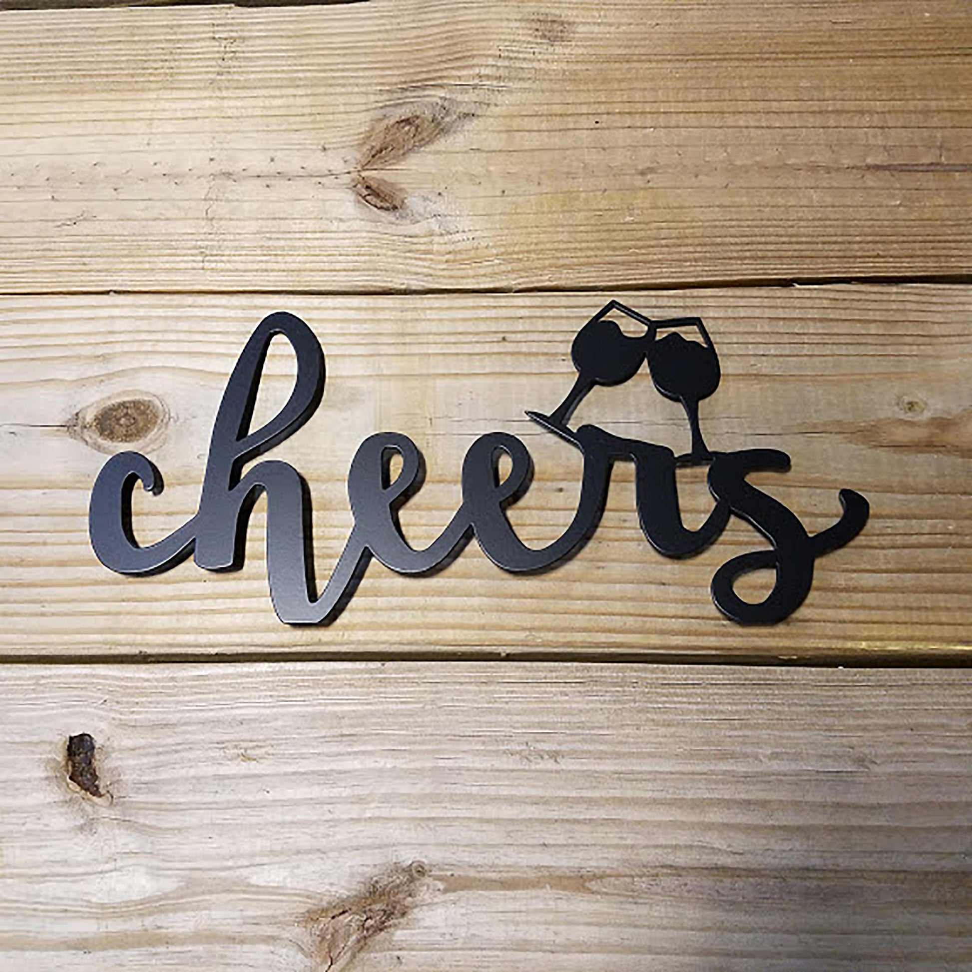 Cheers Script with Glasses Metal Sign - on wood slat