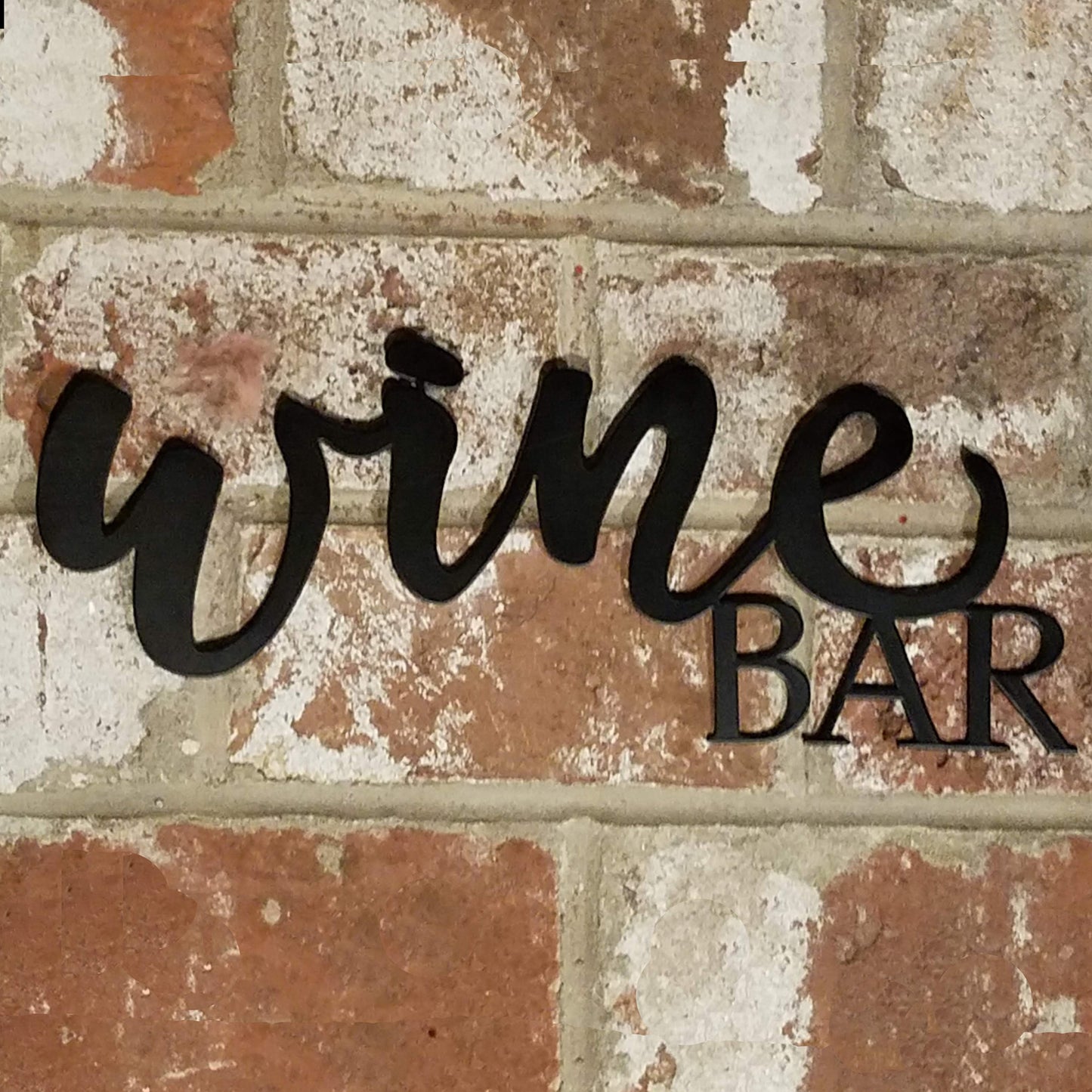 Wine Bar Script Metal Sign Black - on brick