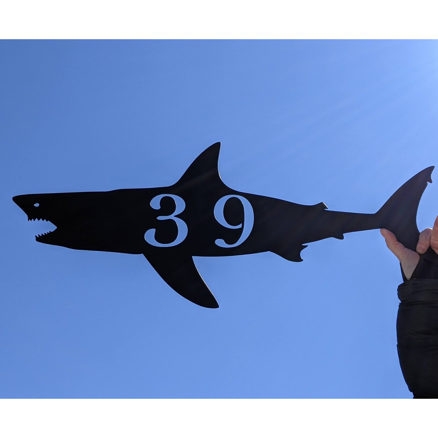 Shark Personalized Address Metal Sign Black with "39" personalization with a blue sky background