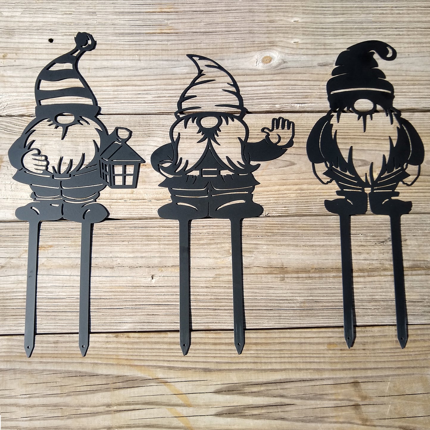 Gnomes - 3 Pack Metal Garden Gnomes - on wood