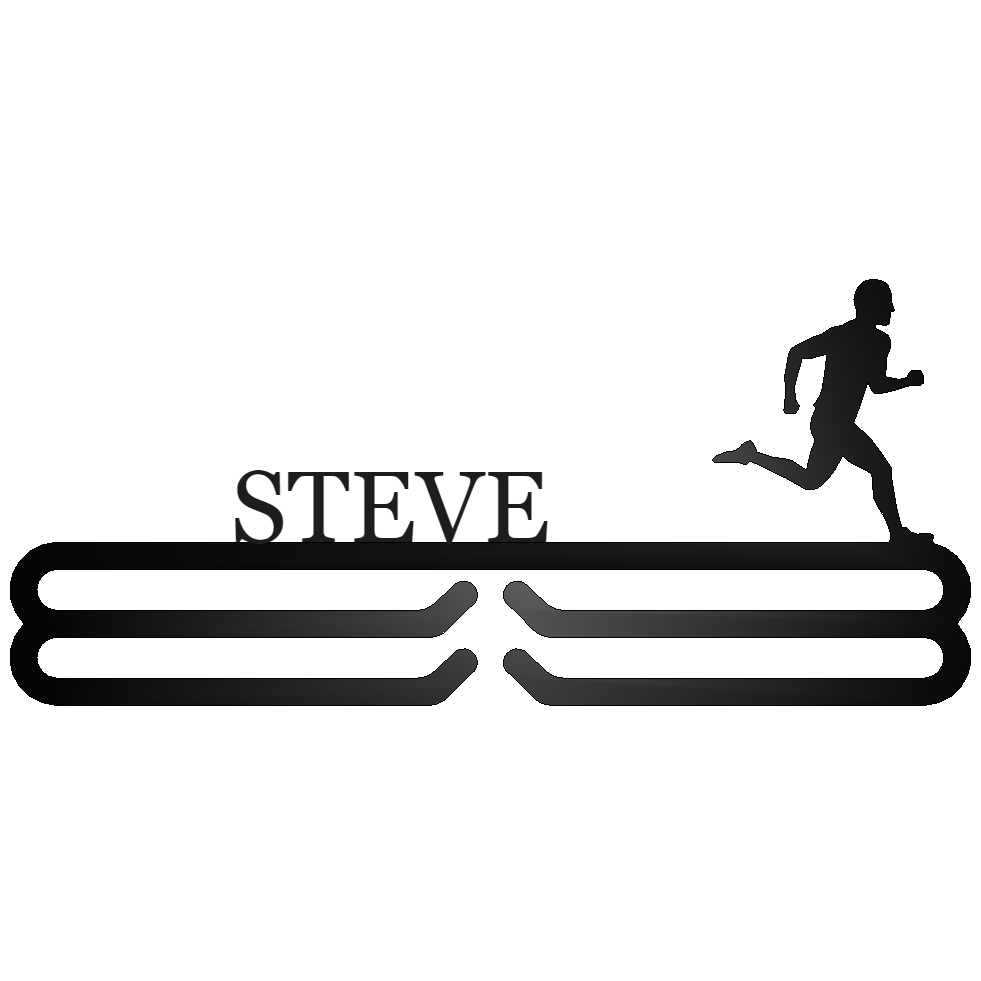 Personalized Male Runner Silhouette Medal Hanger Black with "STEVE" personalization