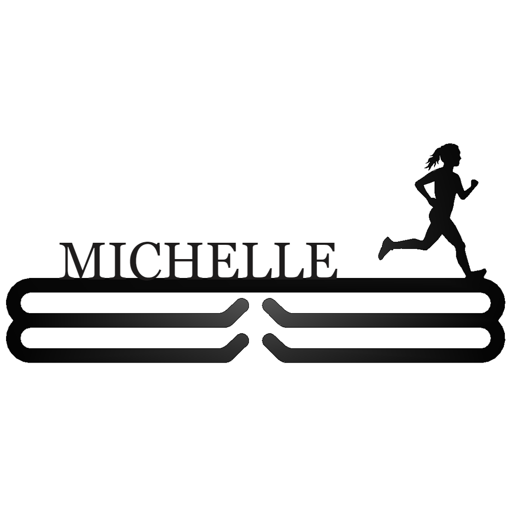 Personalized Female Runner Silhouette Medal Hanger Black with "MICHELLE" personalization