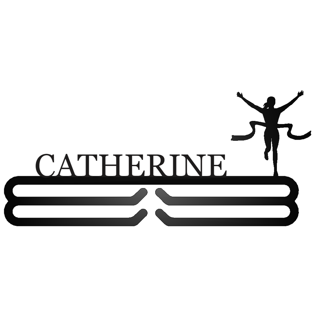 Personalized Female Runner Finish Line Medal Hanger Black with "CATHERINE" personalization