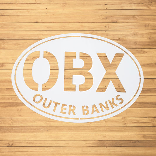 Outer Banks Oval Metal Wall Sign OBX White - on wood slat wall
