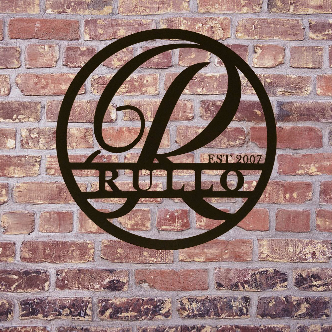Personalized Round Family Name with Initial & Established Date Metal Sign - on brick