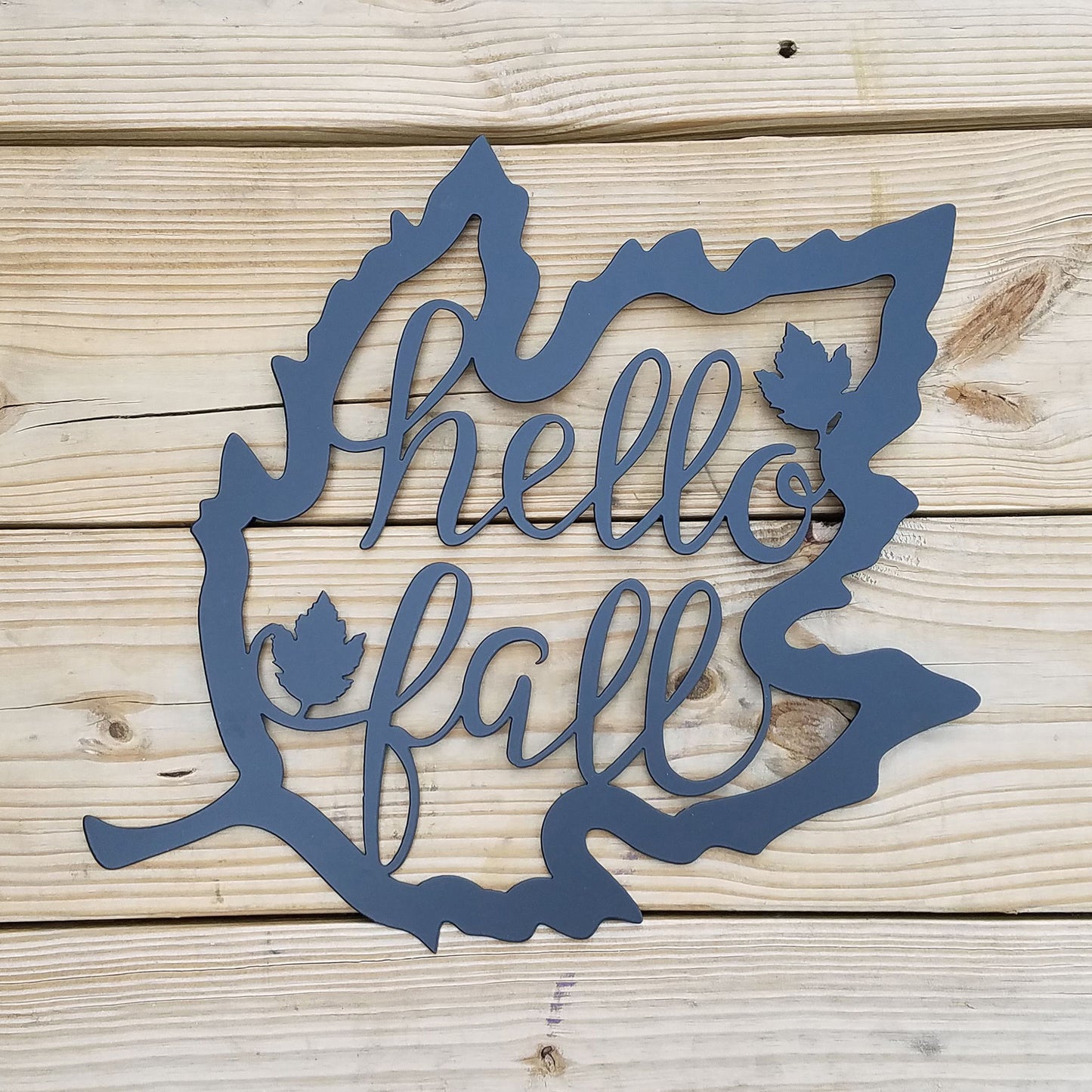 Hello Fall Leaf Metal Sign Black - on wood slat