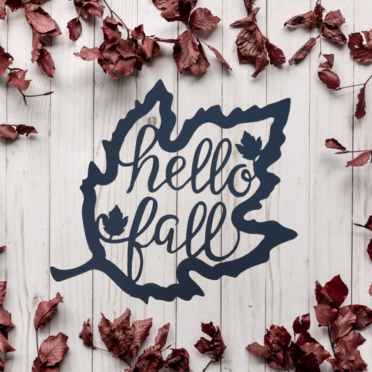 Hello Fall Leaf Metal Sign Black - on autumn background