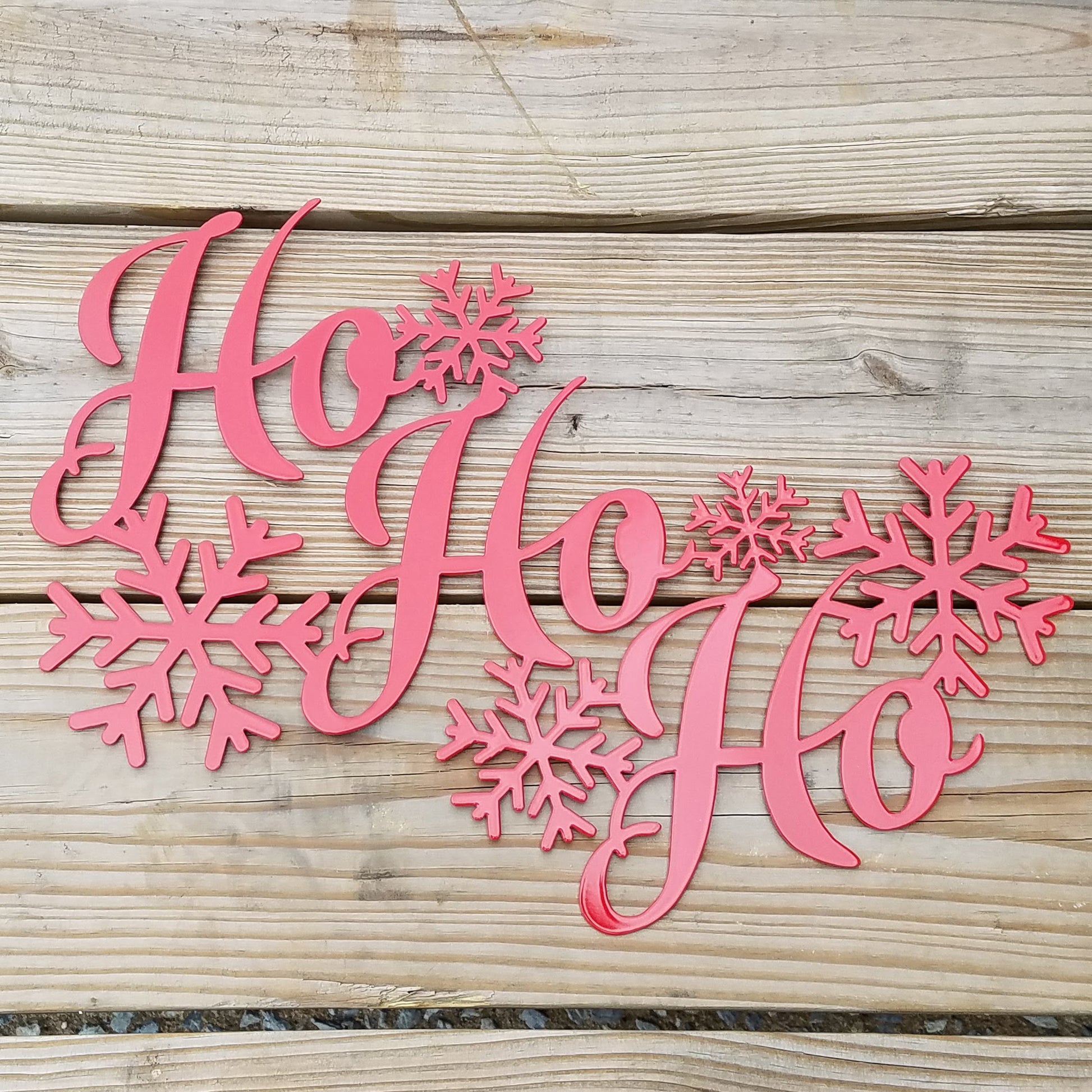 Ho, Ho, Ho Holiday Metal Sign Red - on wood slat