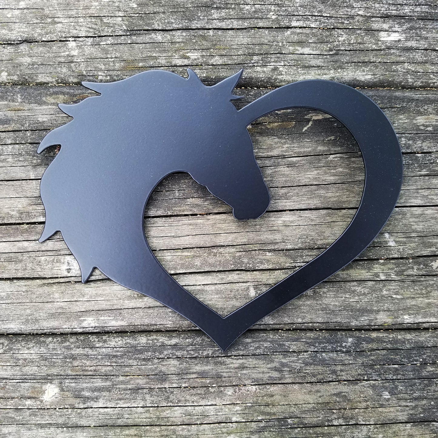 Horse Love Heart Metal Sign Black - on wood