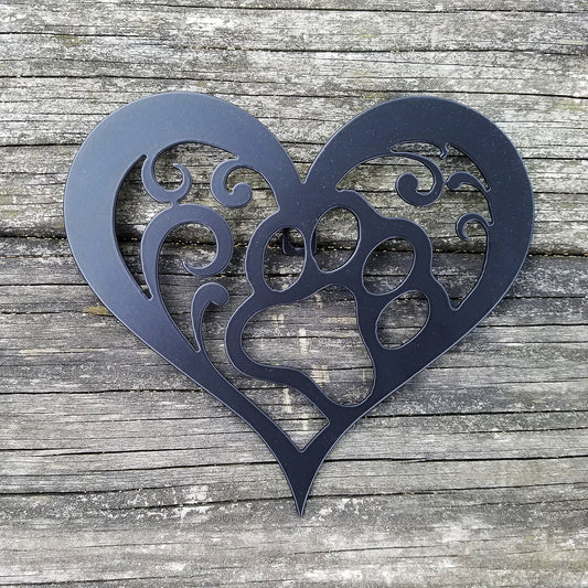 Dog Paw Heart Metal Sign Black - on wood