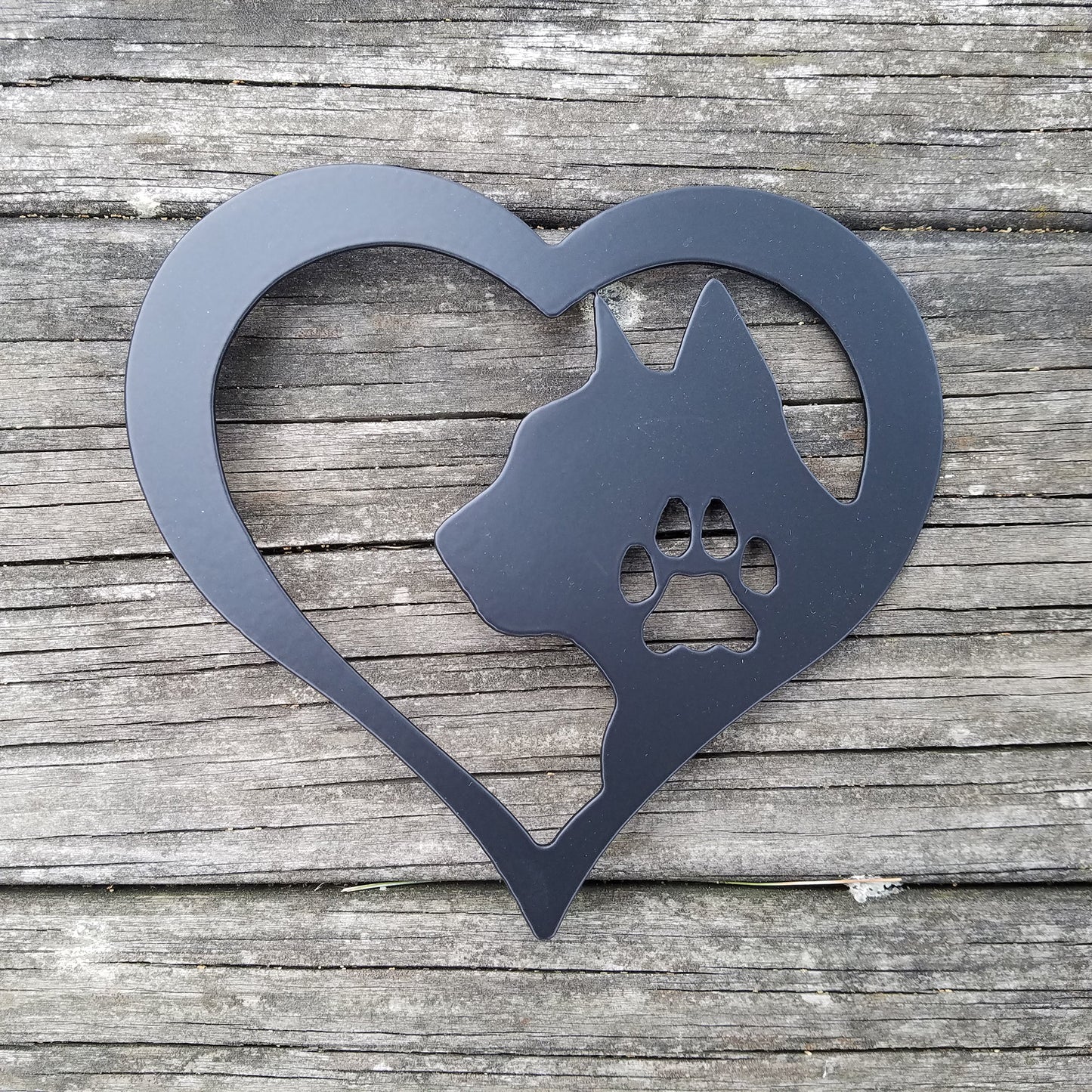 Cat Love Heart Metal Sign Black - on wood