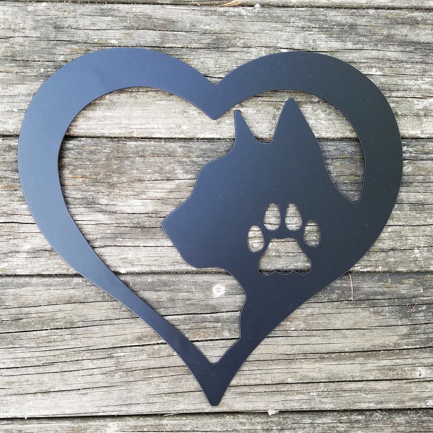 Cat Love Heart Metal Sign Black - on wood