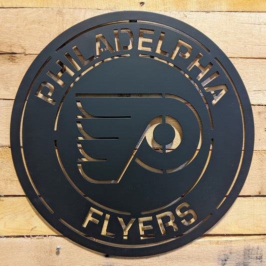 Flyers Logo Round Metal Sign Black - on wood slat