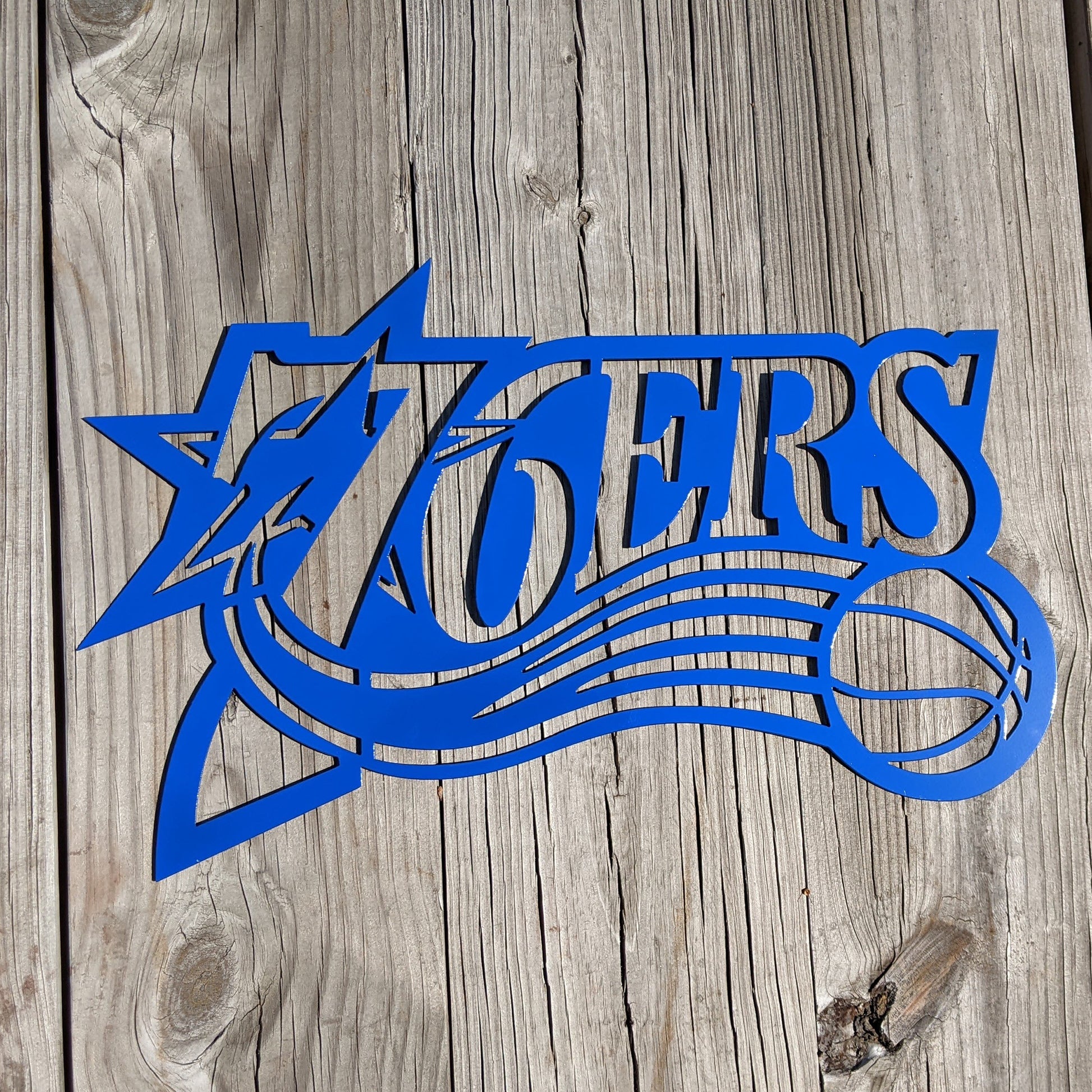 Sixers Logo 76ers Metal Sign Blue on wood background