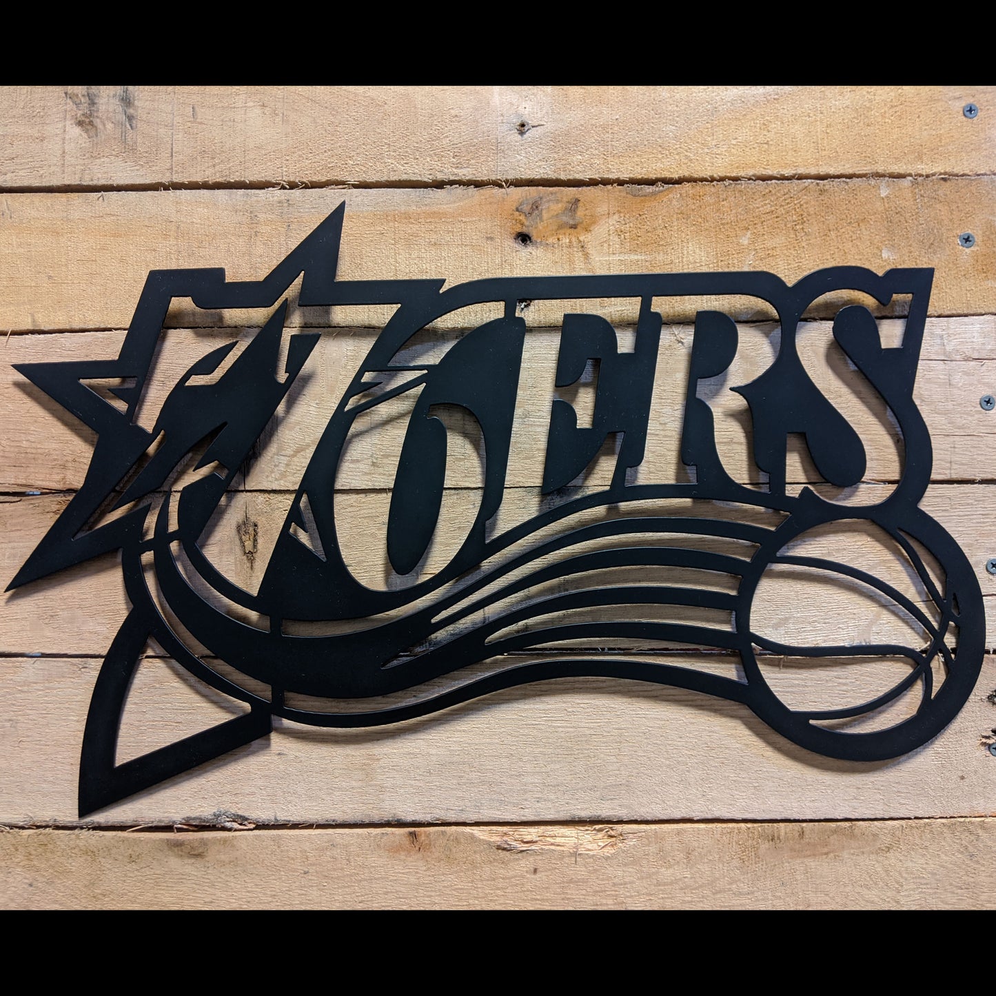 Sixers Logo 76ers Metal Sign Black - on wood slat