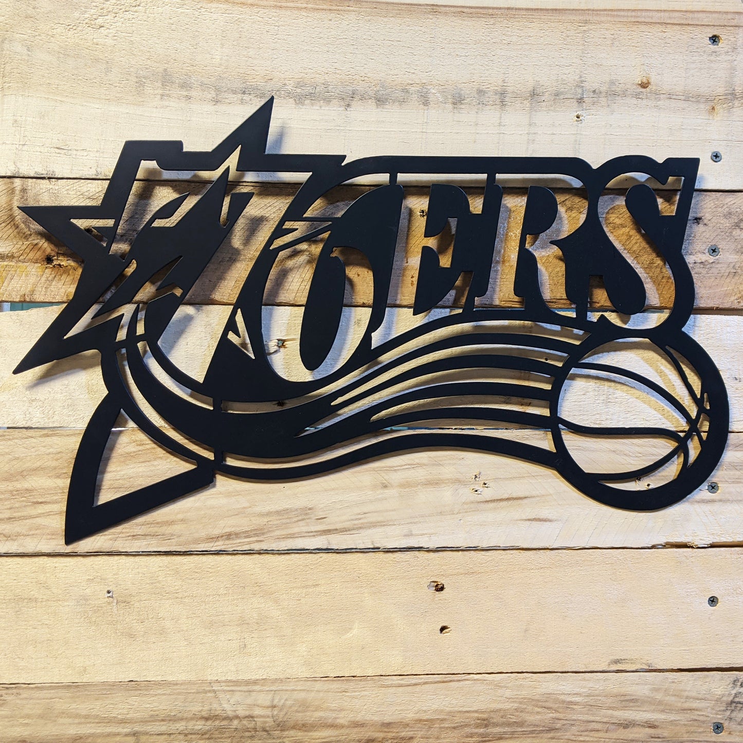 Sixers Logo 76ers Metal Sign Black - on wood slats