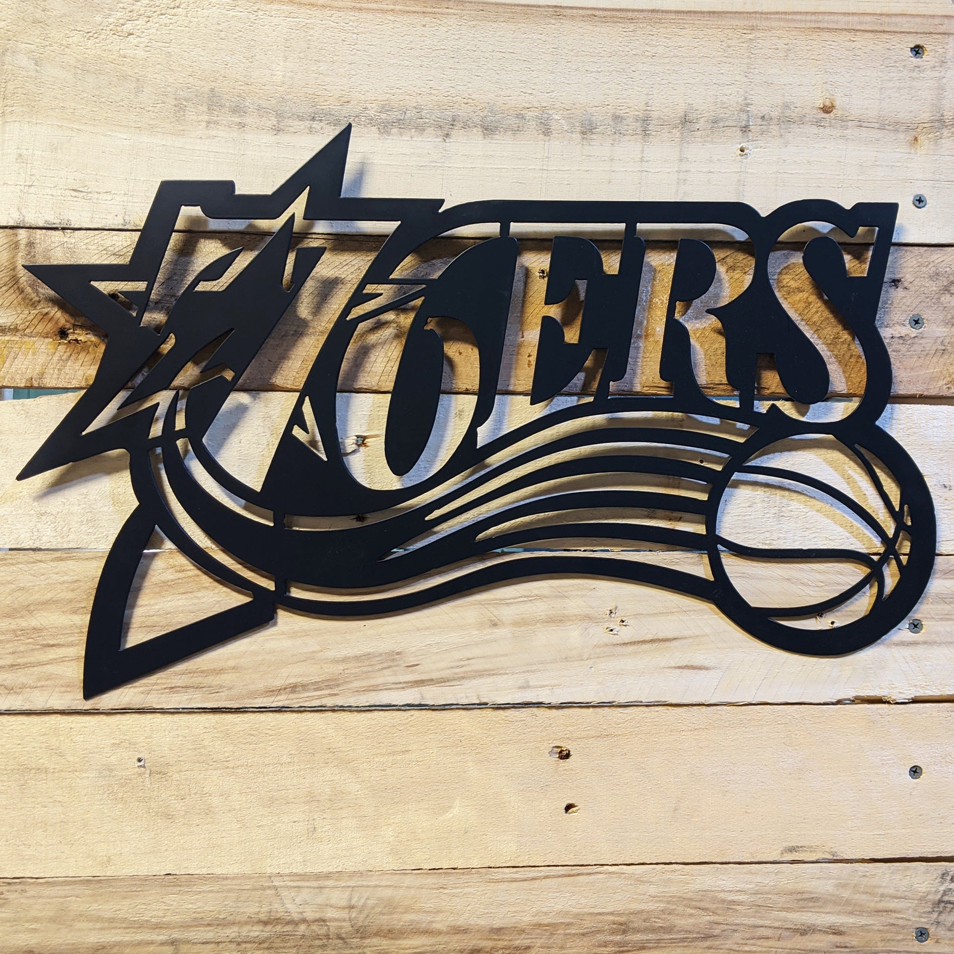 Sixers Logo 76ers Metal Sign Black - on wood slats