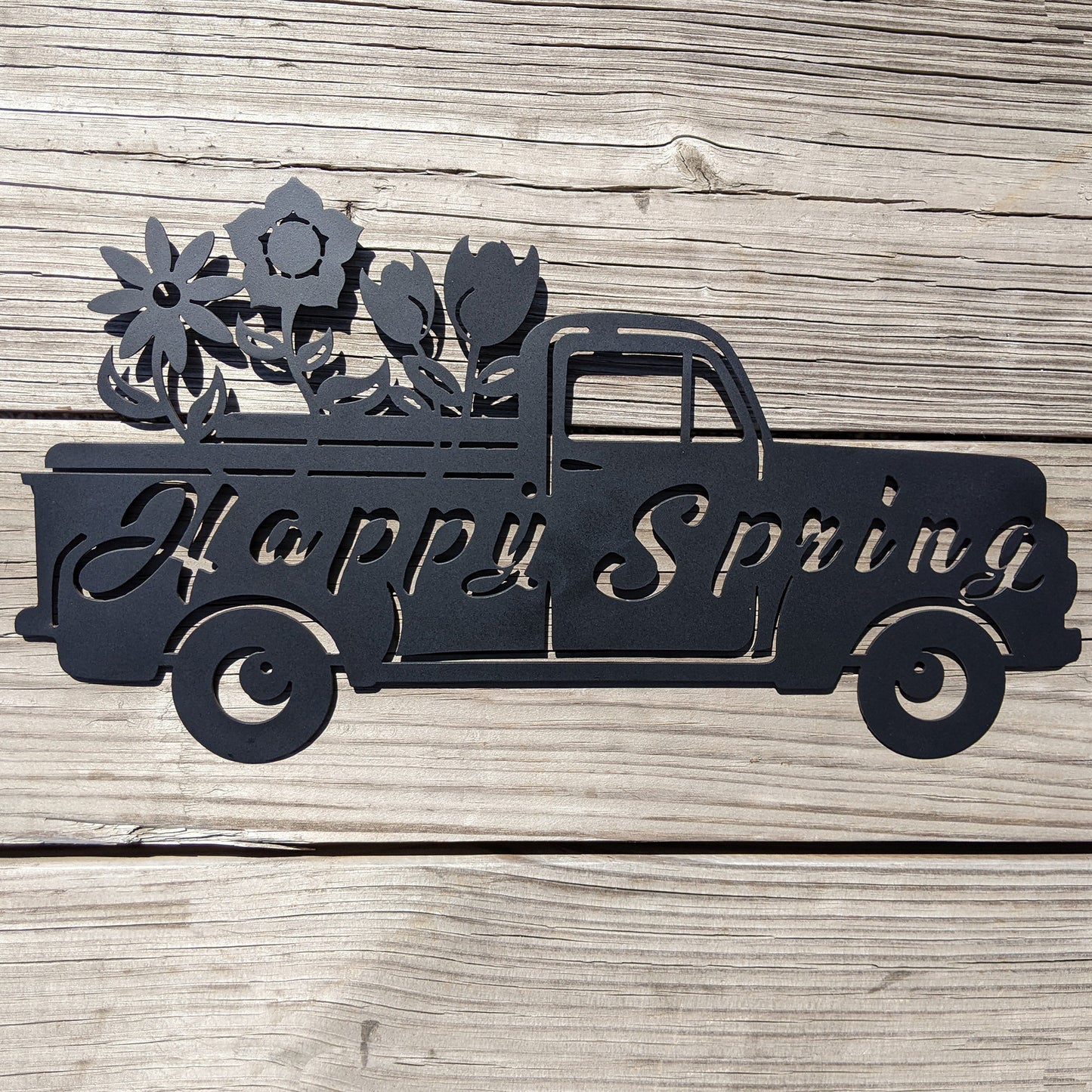 Happy Spring with Flowers Pickup Truck Sign on wood plank background