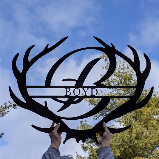 Antler Rustic Family Name Monogram Metal Sign Boyd - sky background