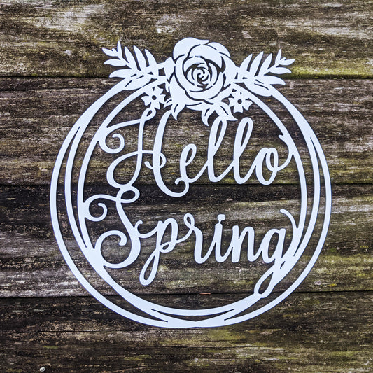 Hello Spring Metal Sign White - on wood