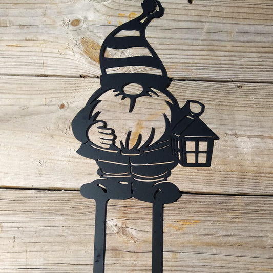 Gnome Metal Garden Sign - Tall - on wood