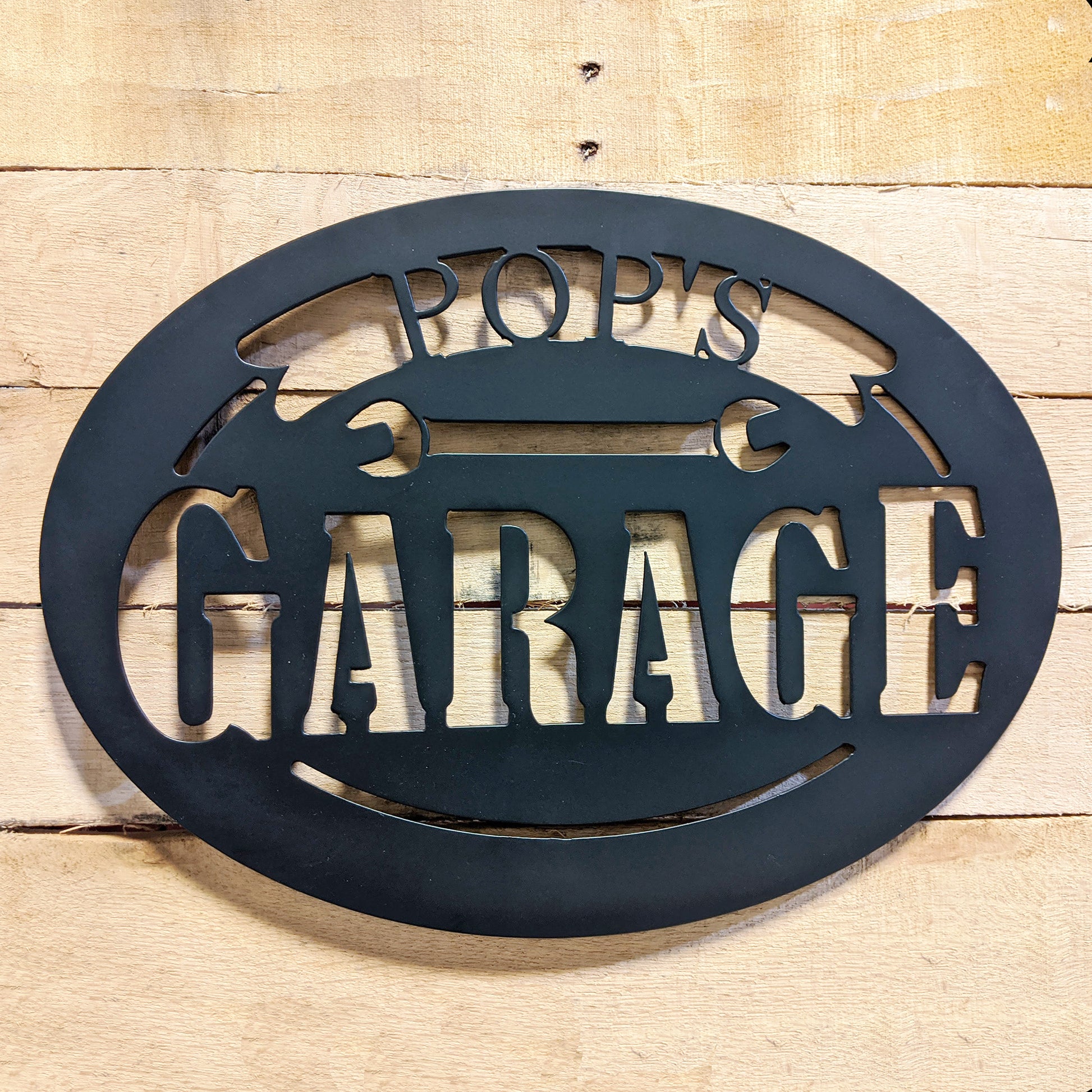 Pop's Garage Metal Sign Black - on wood slat