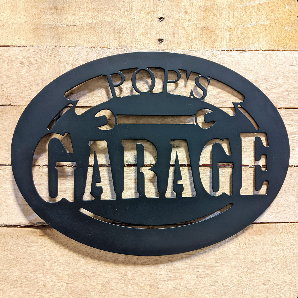 Pop's Garage Metal Sign Black - on wood slat