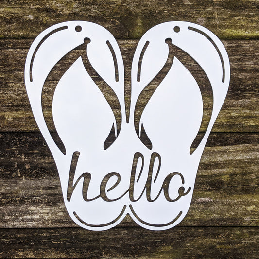 Flip Flop Hello Metal Sign White - on wood