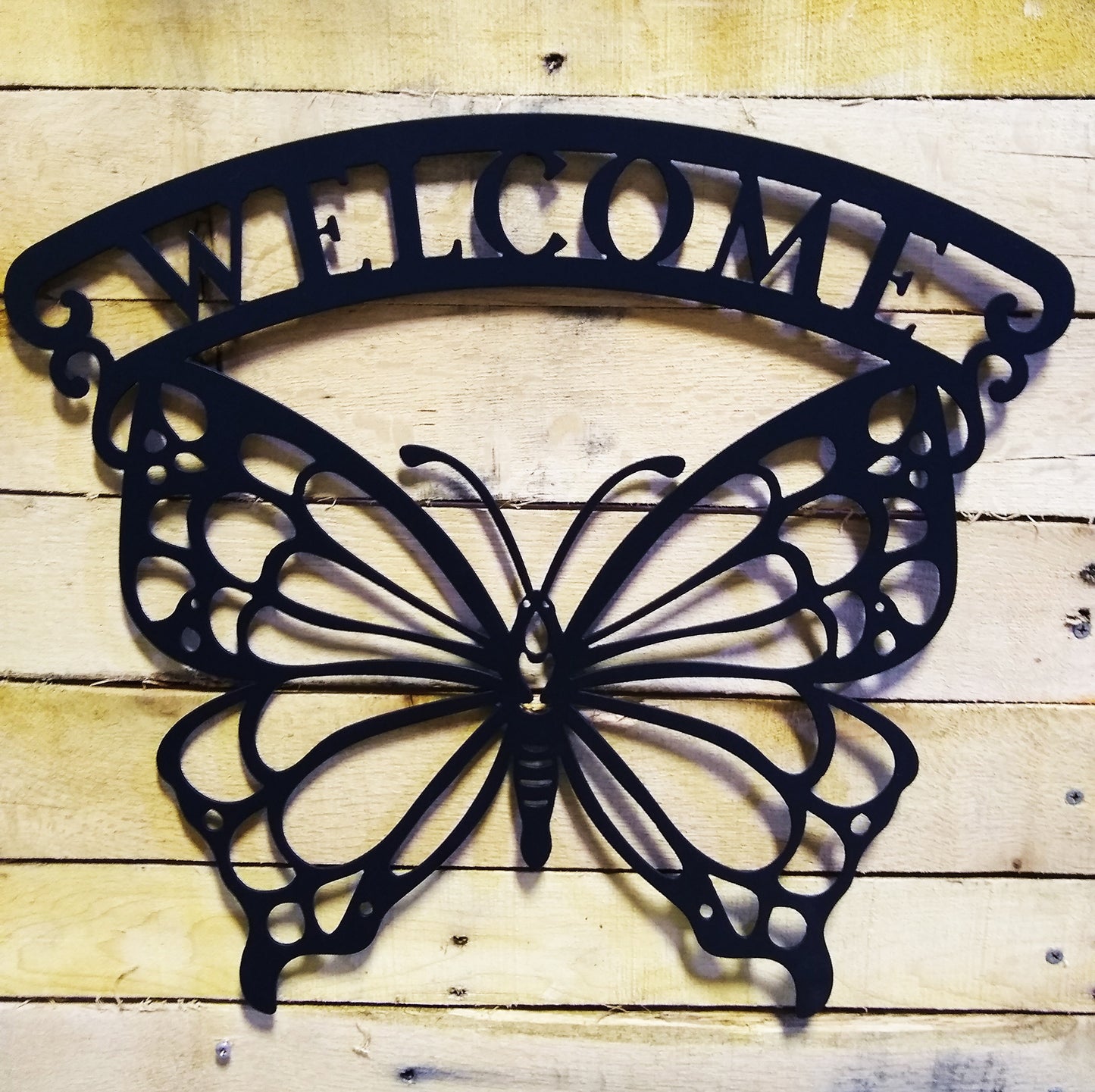 Welcome Butterfly Metal Sign - on wood slats