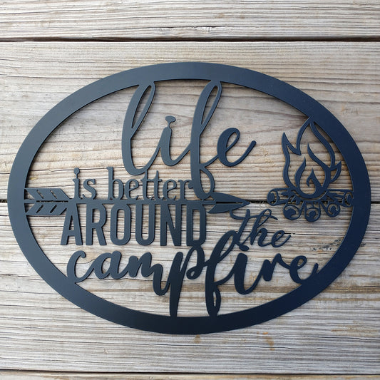 Life is Better Around the Campfire Sign Black on wood plank background
