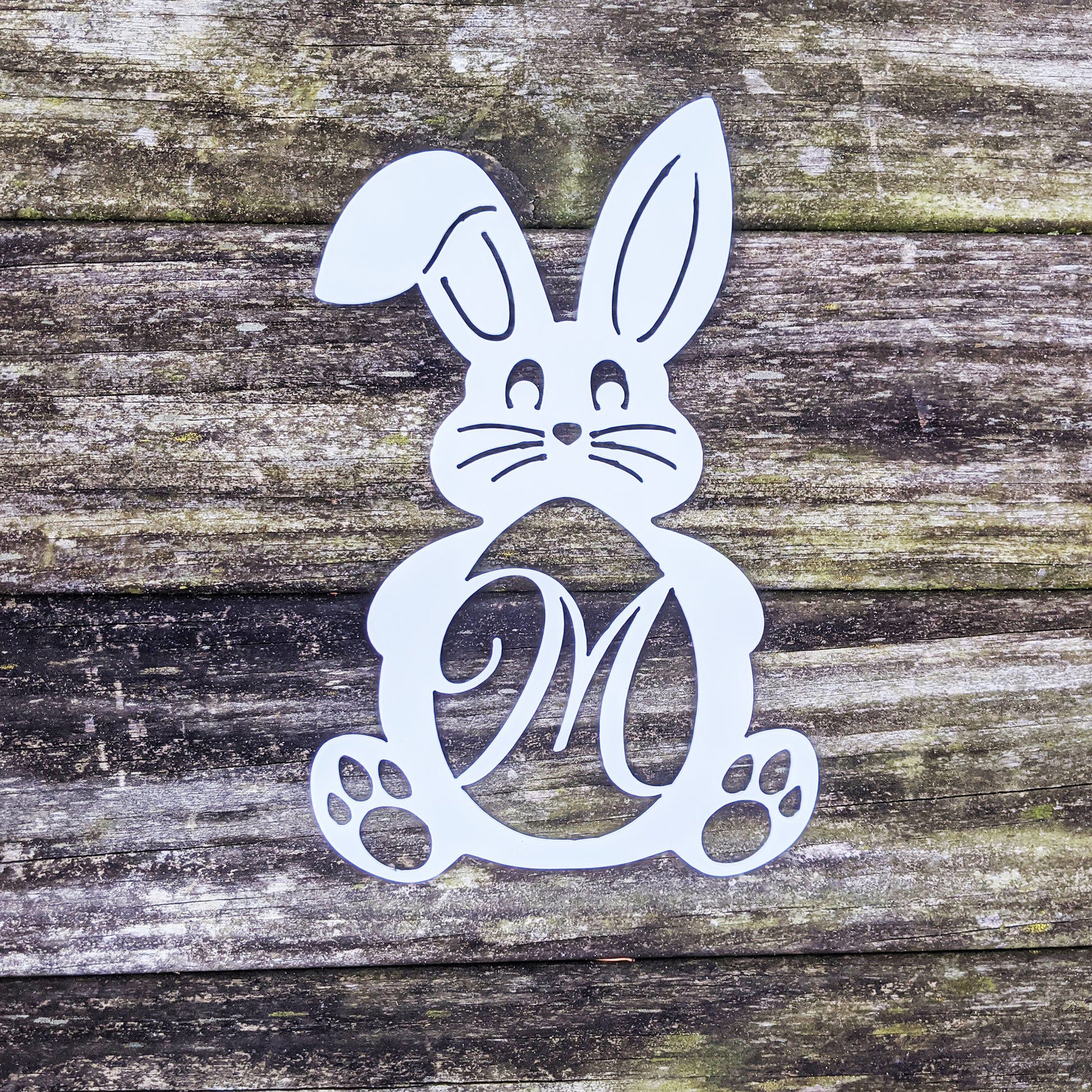 Bunny Monogram Metal Sign White M - on wood