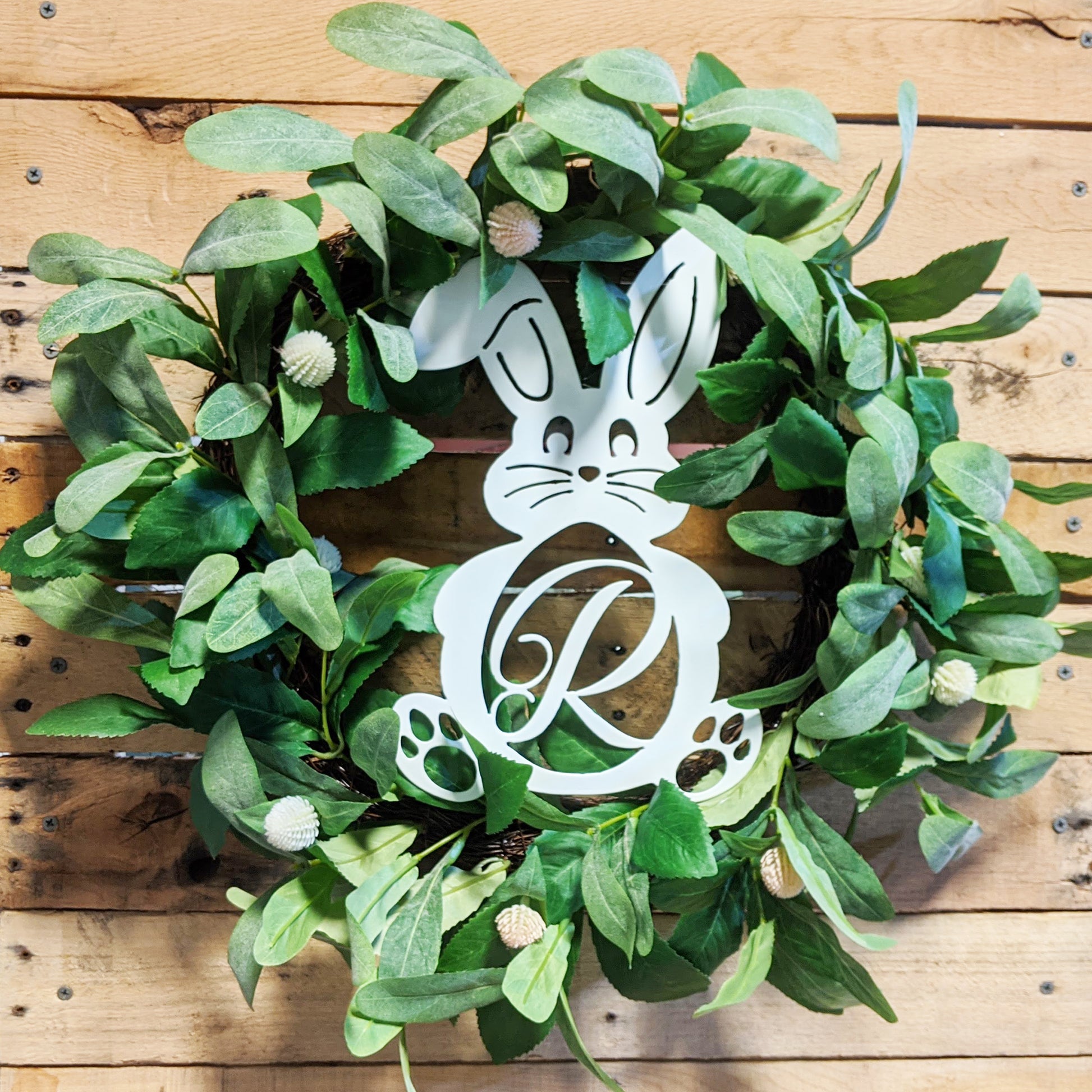 Bunny Monogram Metal Sign White R - in wreath