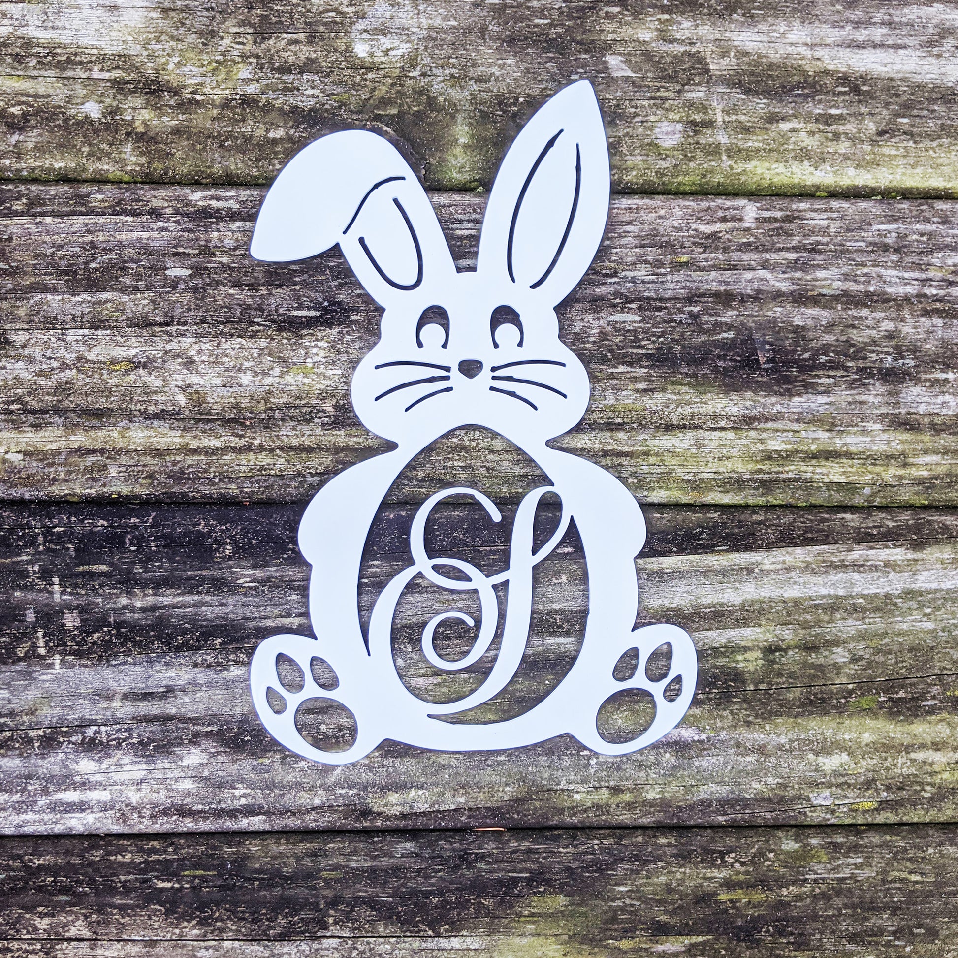 Bunny Monogram Metal Sign White L - on wood