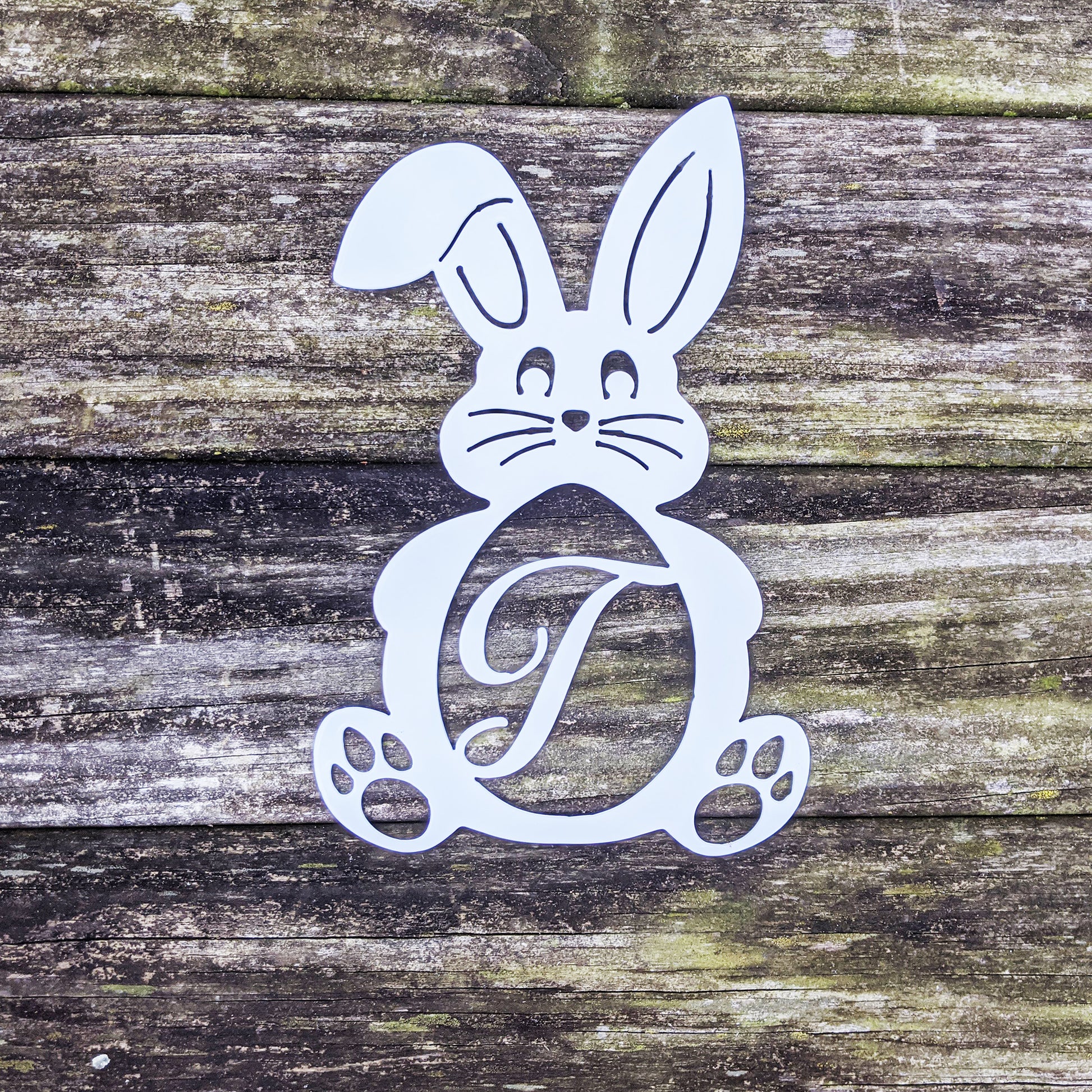 Bunny Monogram Metal Sign White J - on wood