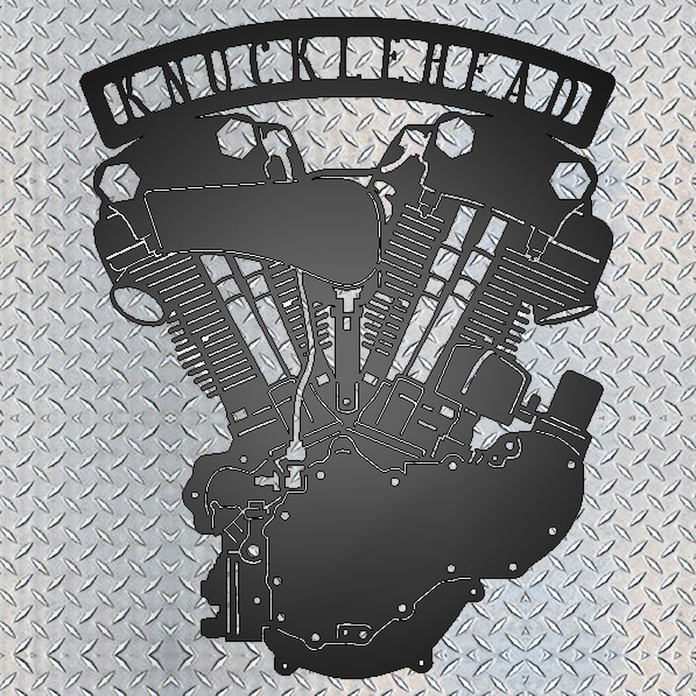 Knucklehead Engine Metal Garage Sign on metal diamond plate background