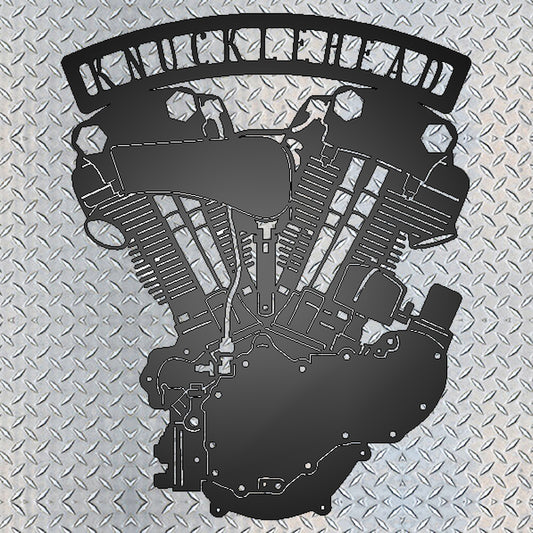 Knucklehead Engine Metal Garage Sign on metal diamond plate background