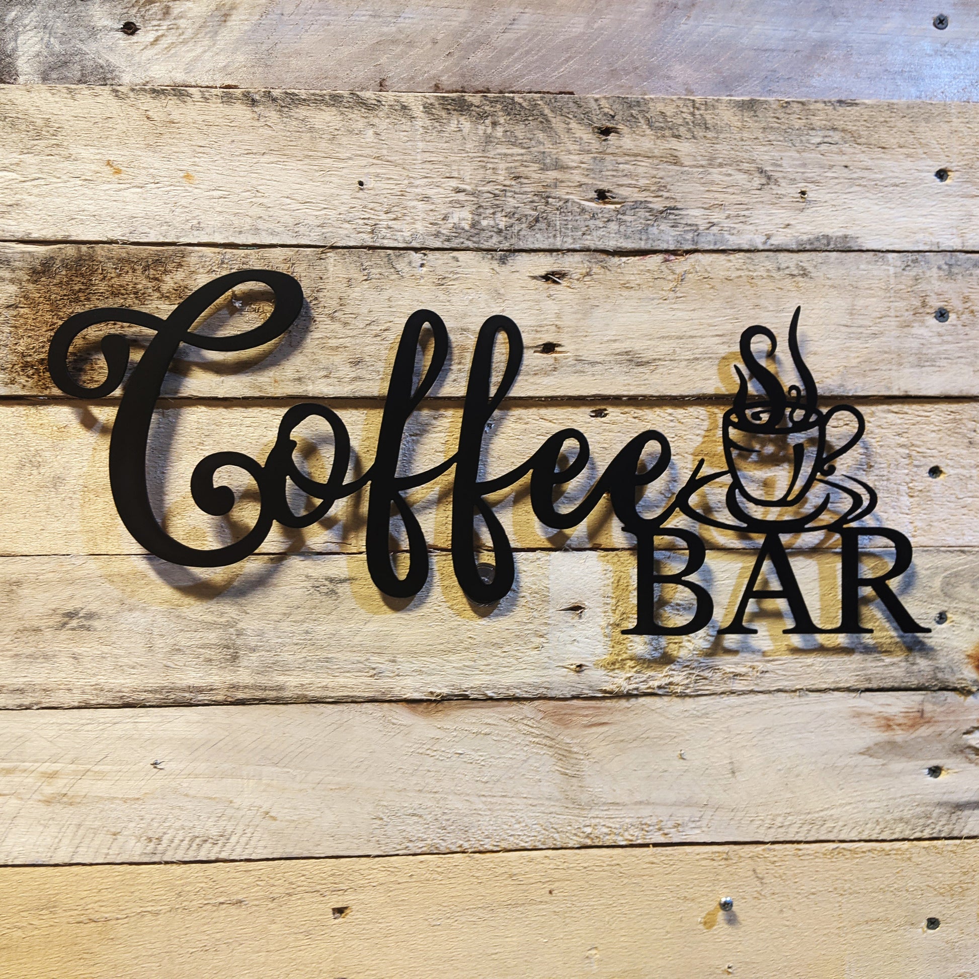 Coffee Bar Metal Sign Black - on wood slats