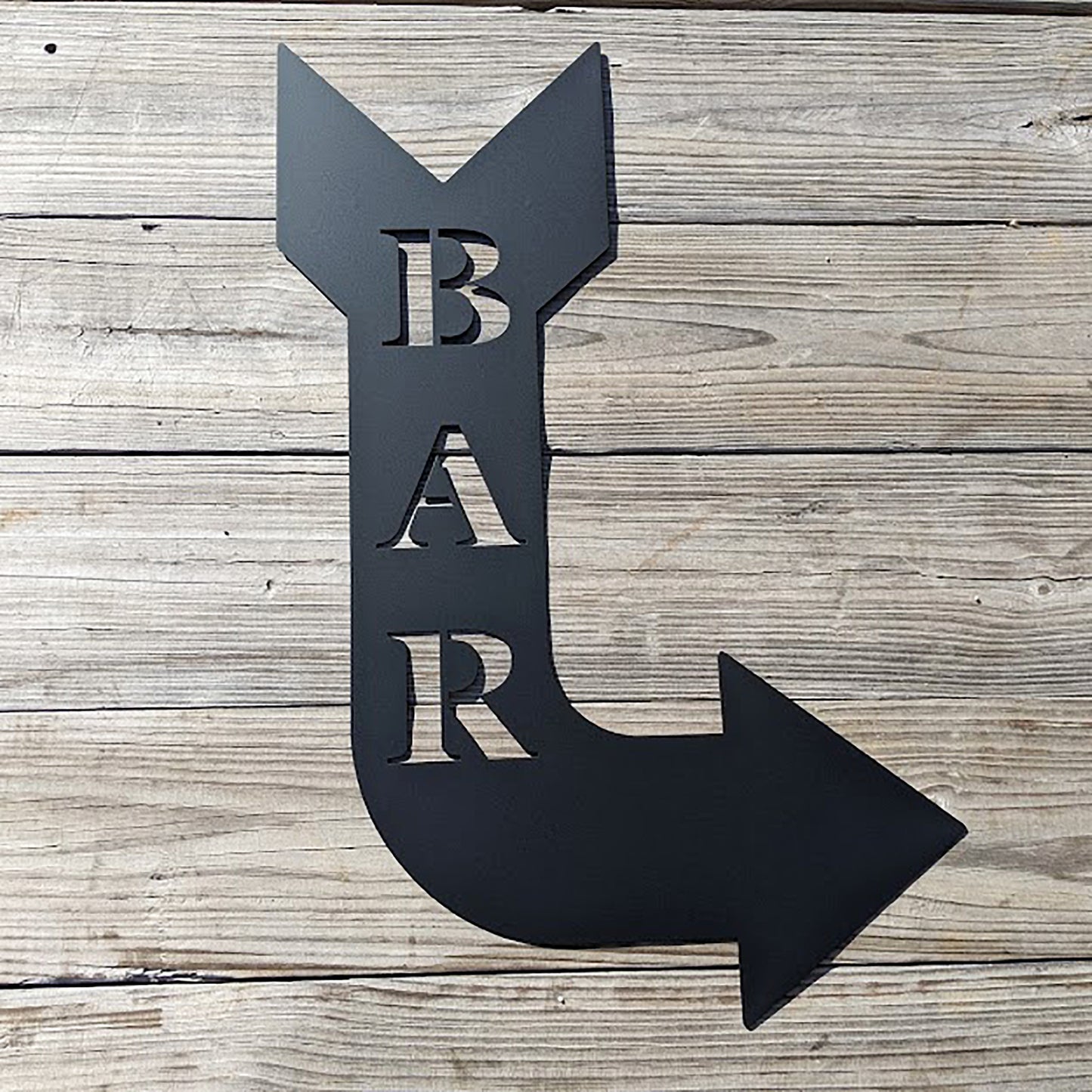 Bar Arrow Metal Sign Right Facing Black on wood background