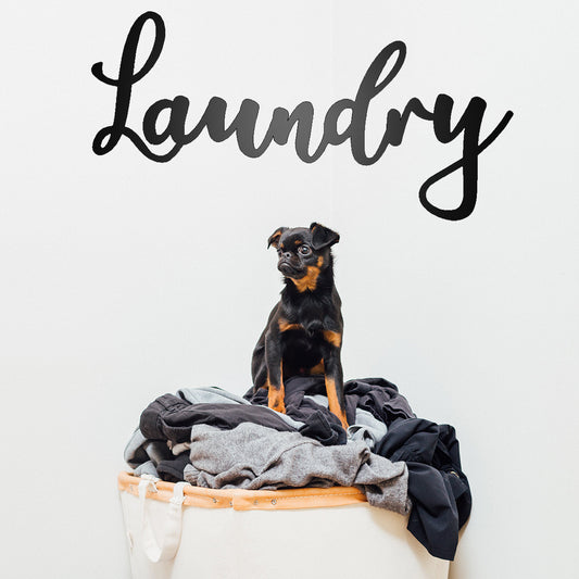 Laundry Metal Script Sign - with puppy on clothes