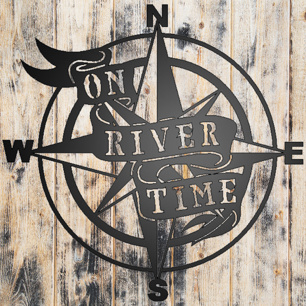 On River Time Metal Sign Black on weathered wood background