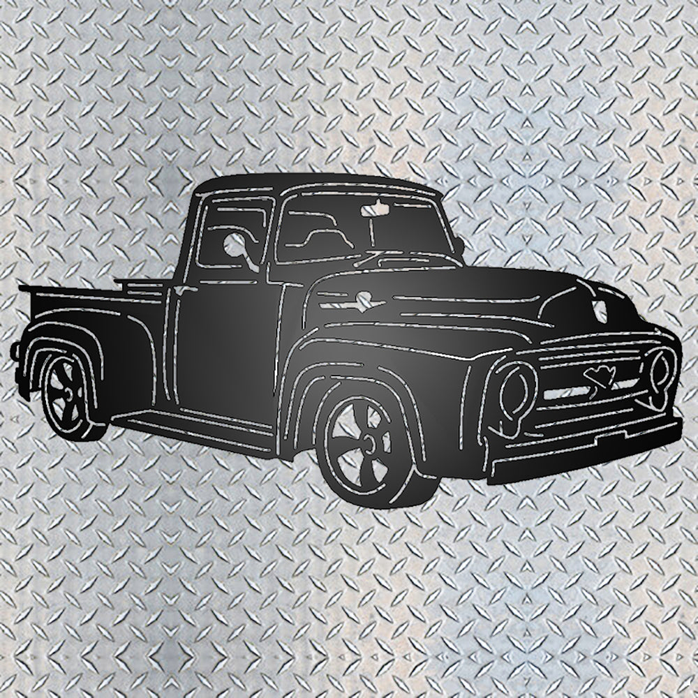 1956 Ford F100 Pickup Truck Metal Garage Sign Black on metal diamond plate background