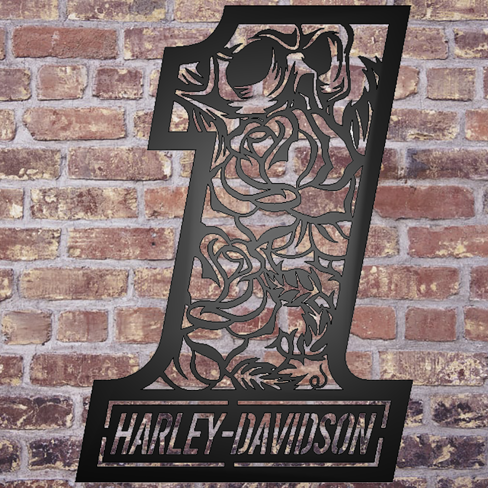 Harley Davidson 1 with Skull and Roses Metal Sign on brick wall