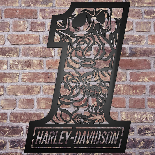 Harley Davidson 1 with Skull and Roses Metal Sign on brick wall