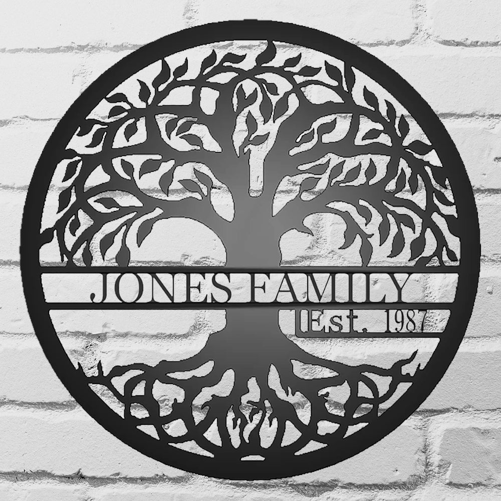 Tree of Life with Established Date Personalized Name Metal Sign Black with "JONES FAMILY 1987" personalization