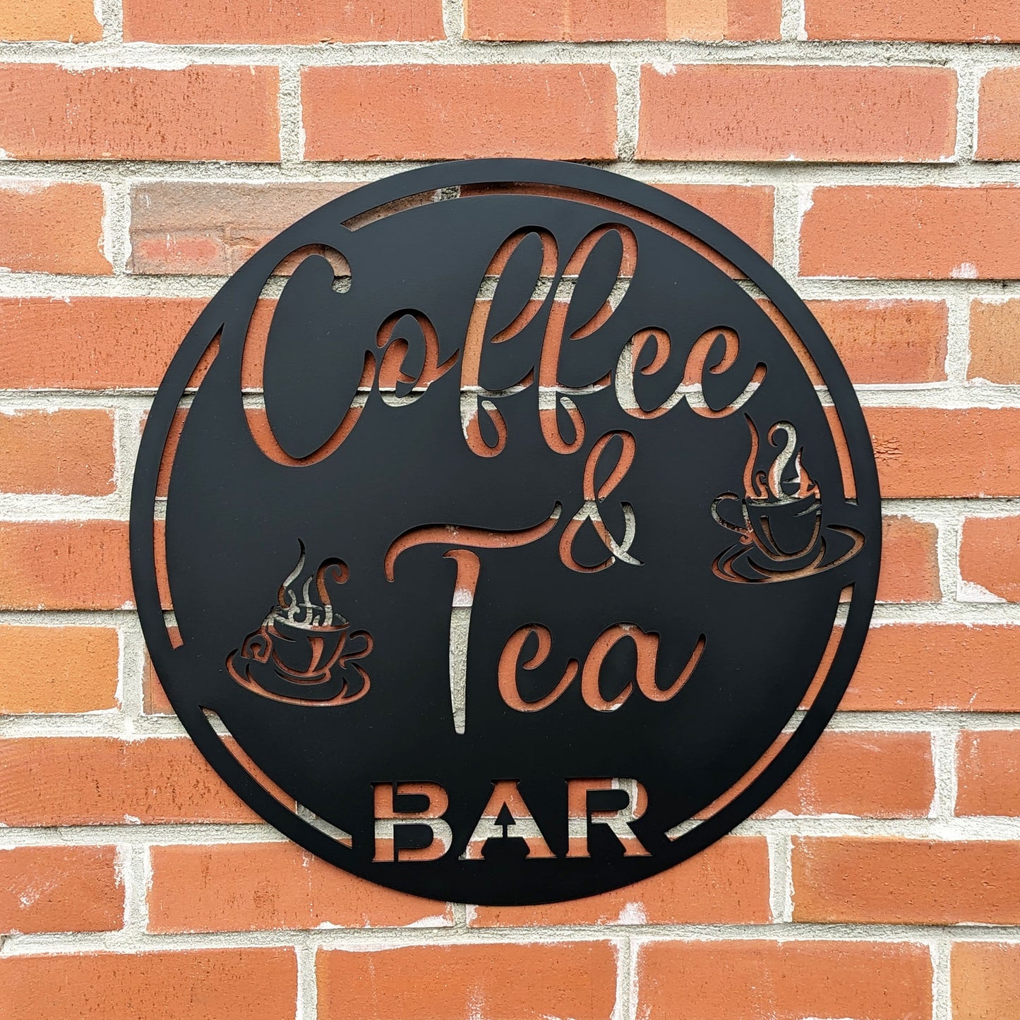 Coffee & Tea Bar Round Metal Wall Sign on brick wall background