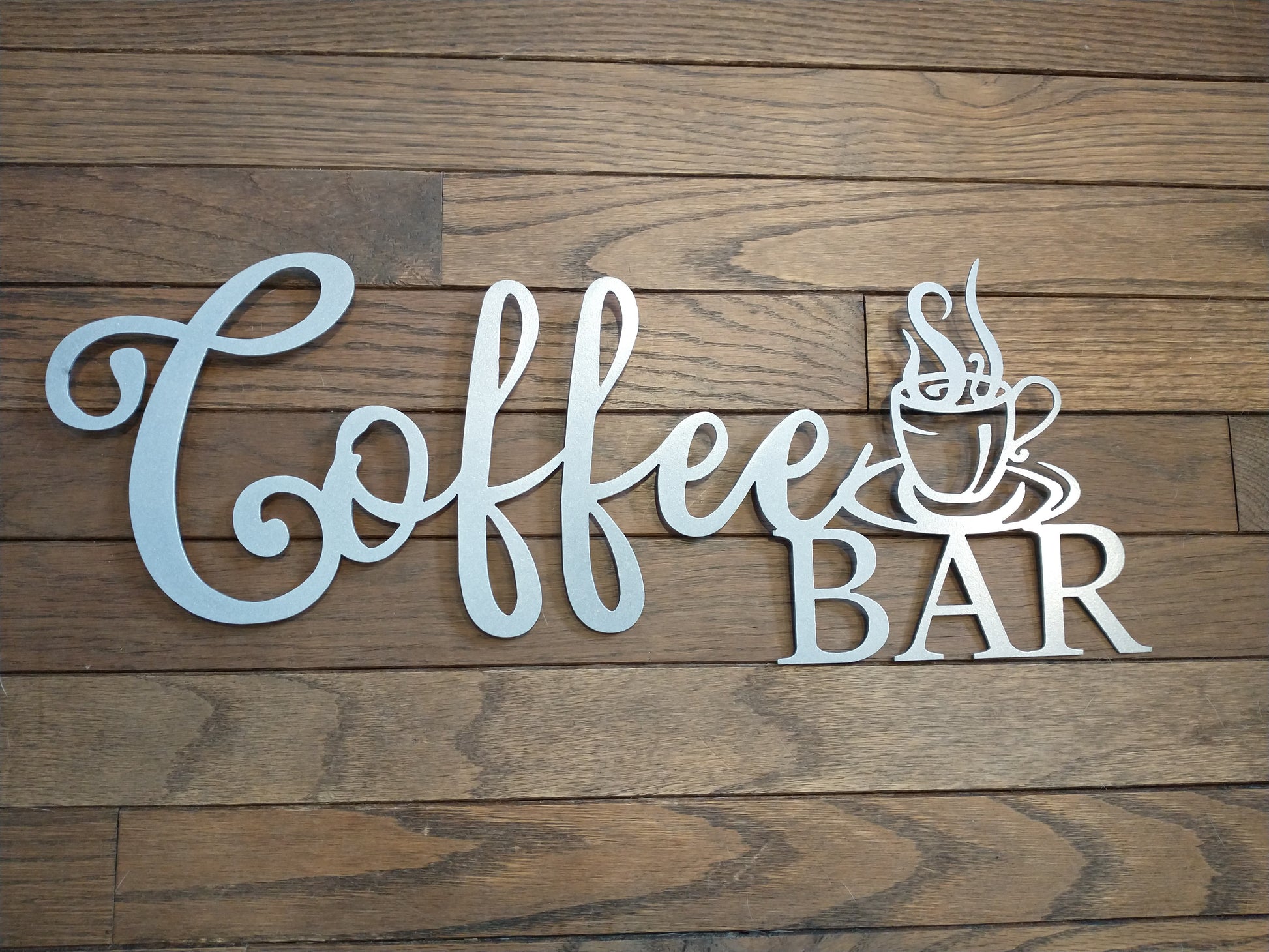 Coffee Bar Script Metal Sign Silver - on wood
