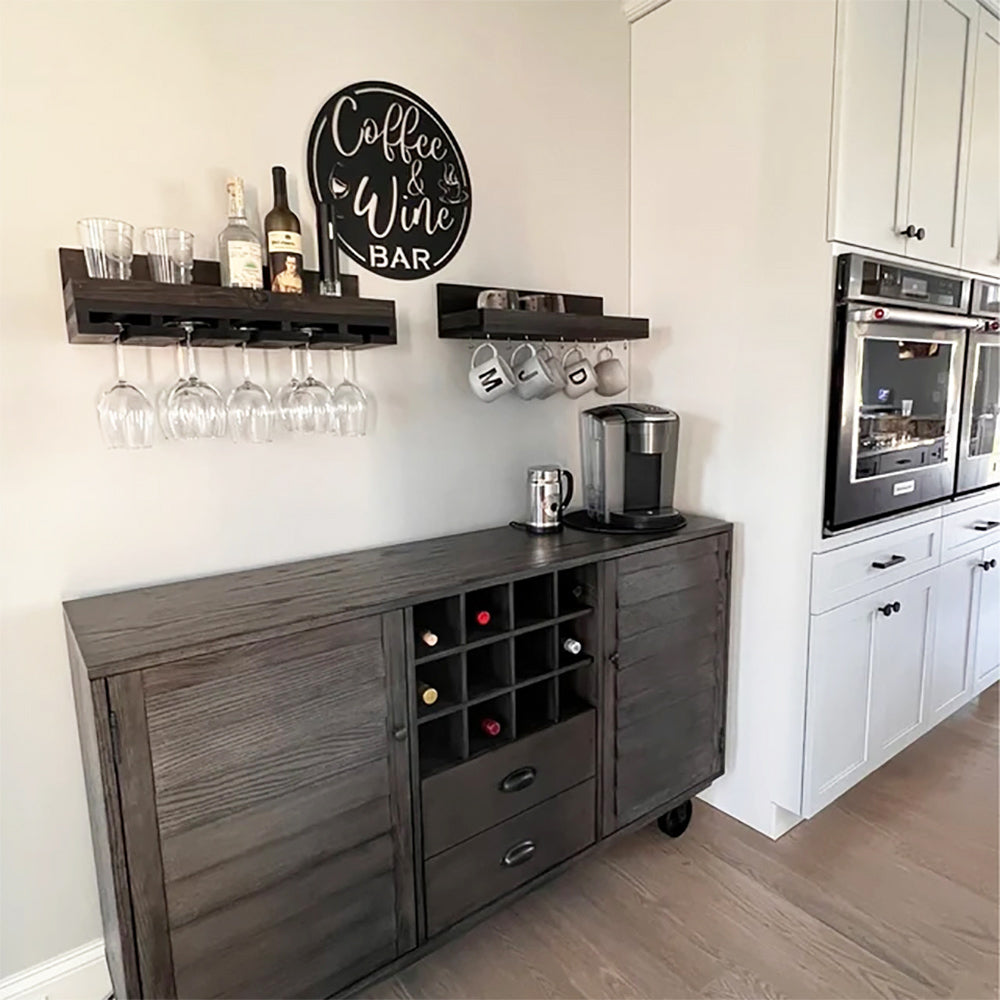 Coffee & Wine Bar Round Metal Wall Sign shown on wall in modern-design kitchen