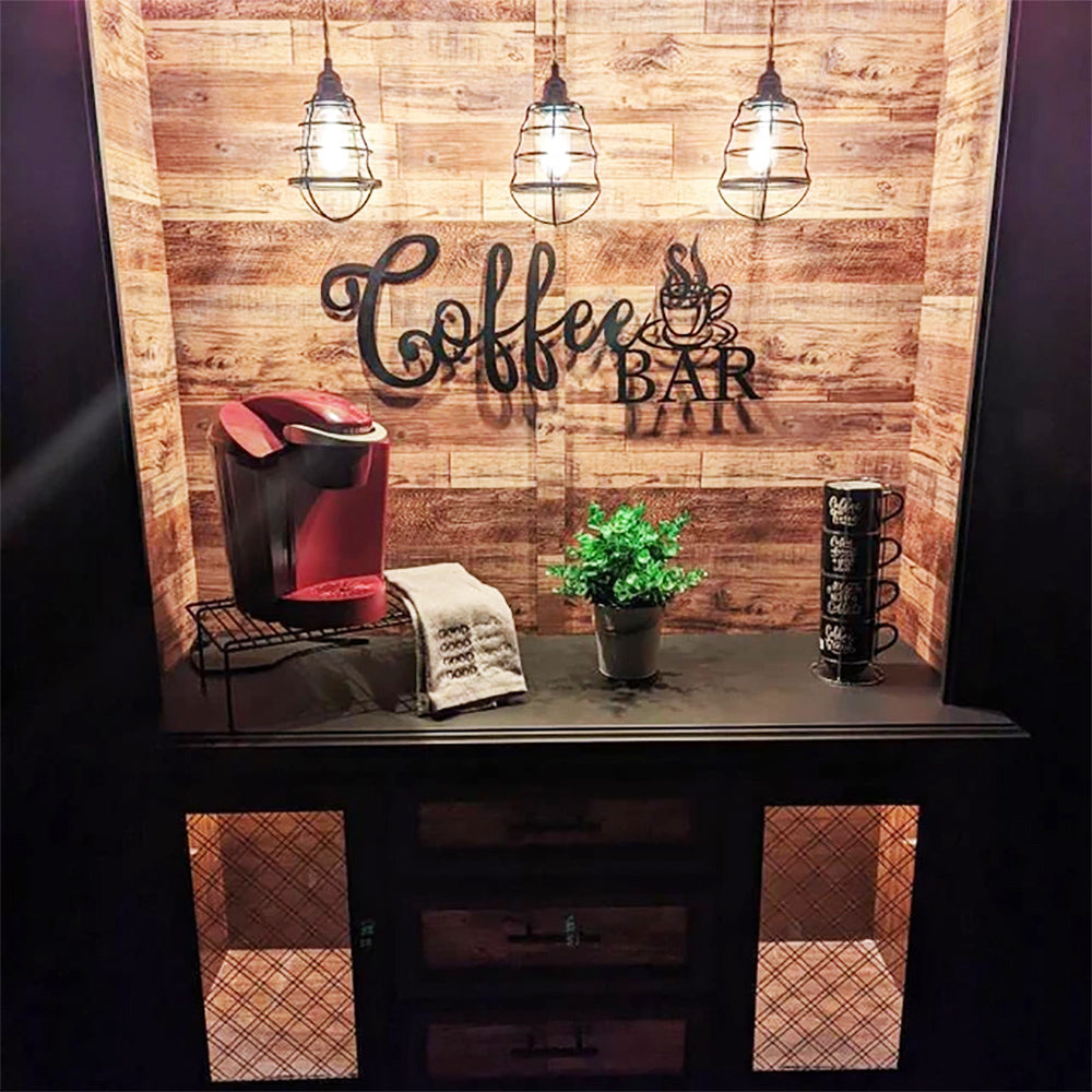 Coffee Bar Script Metal Sign shown in a rustic styled coffee bar